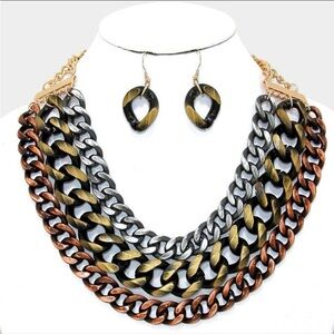Elegant Multitone Chain Necklace and Earring Set